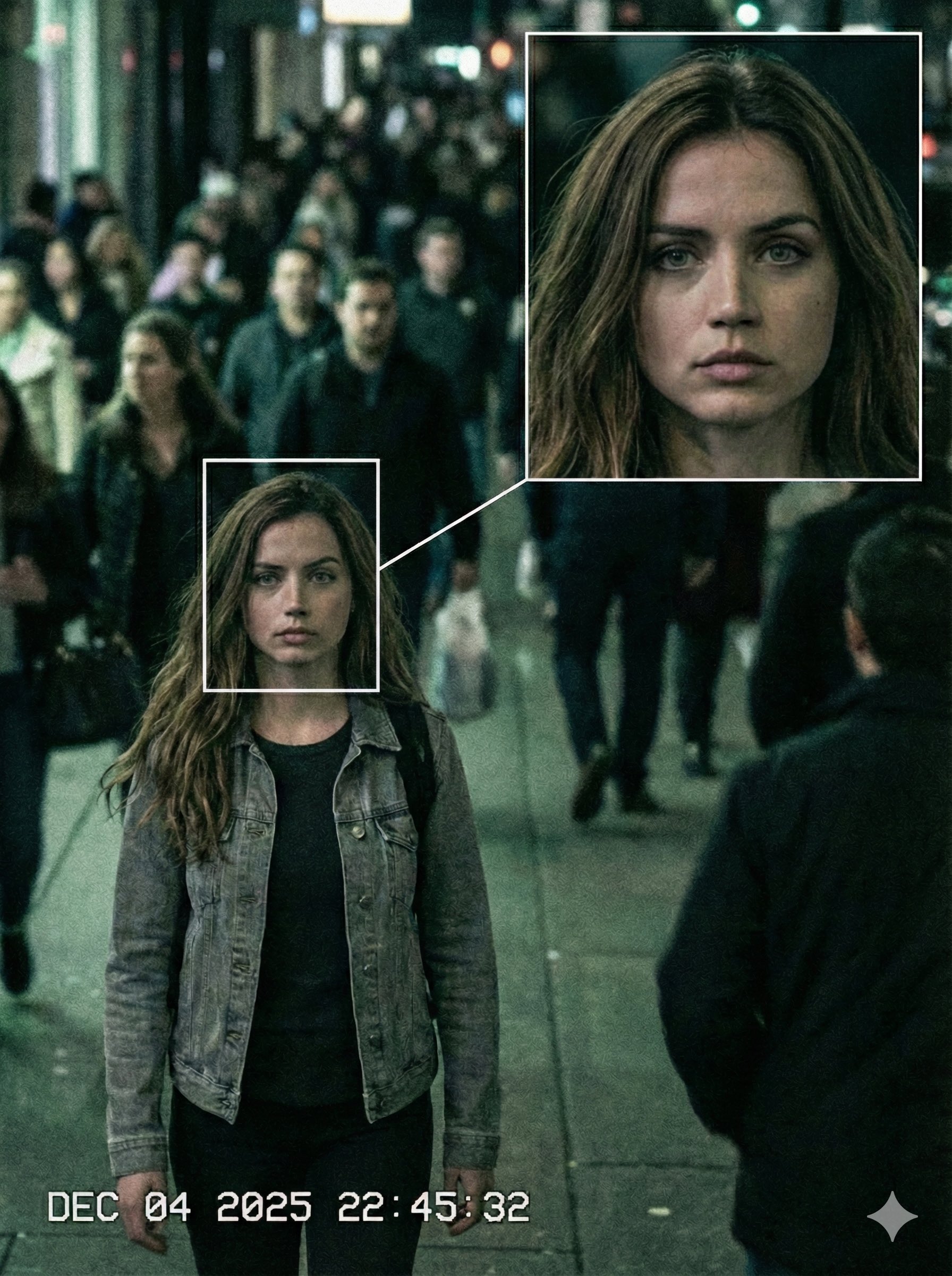 Celebrity face recognition tagging and zoomed-in focus effects in city surveillance footage. 5