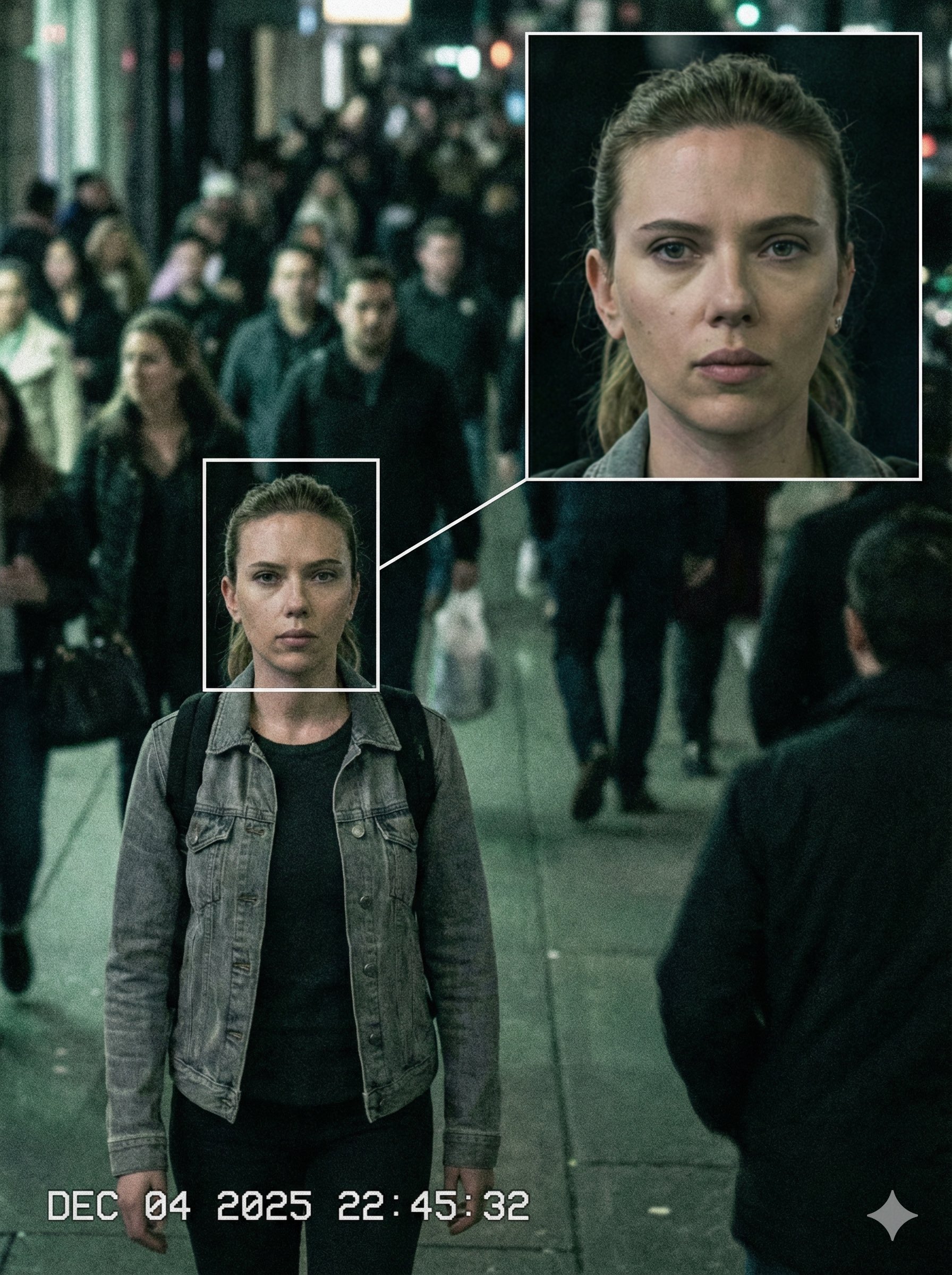 Celebrity face recognition tagging and zoomed-in focus effects in city surveillance footage. 6