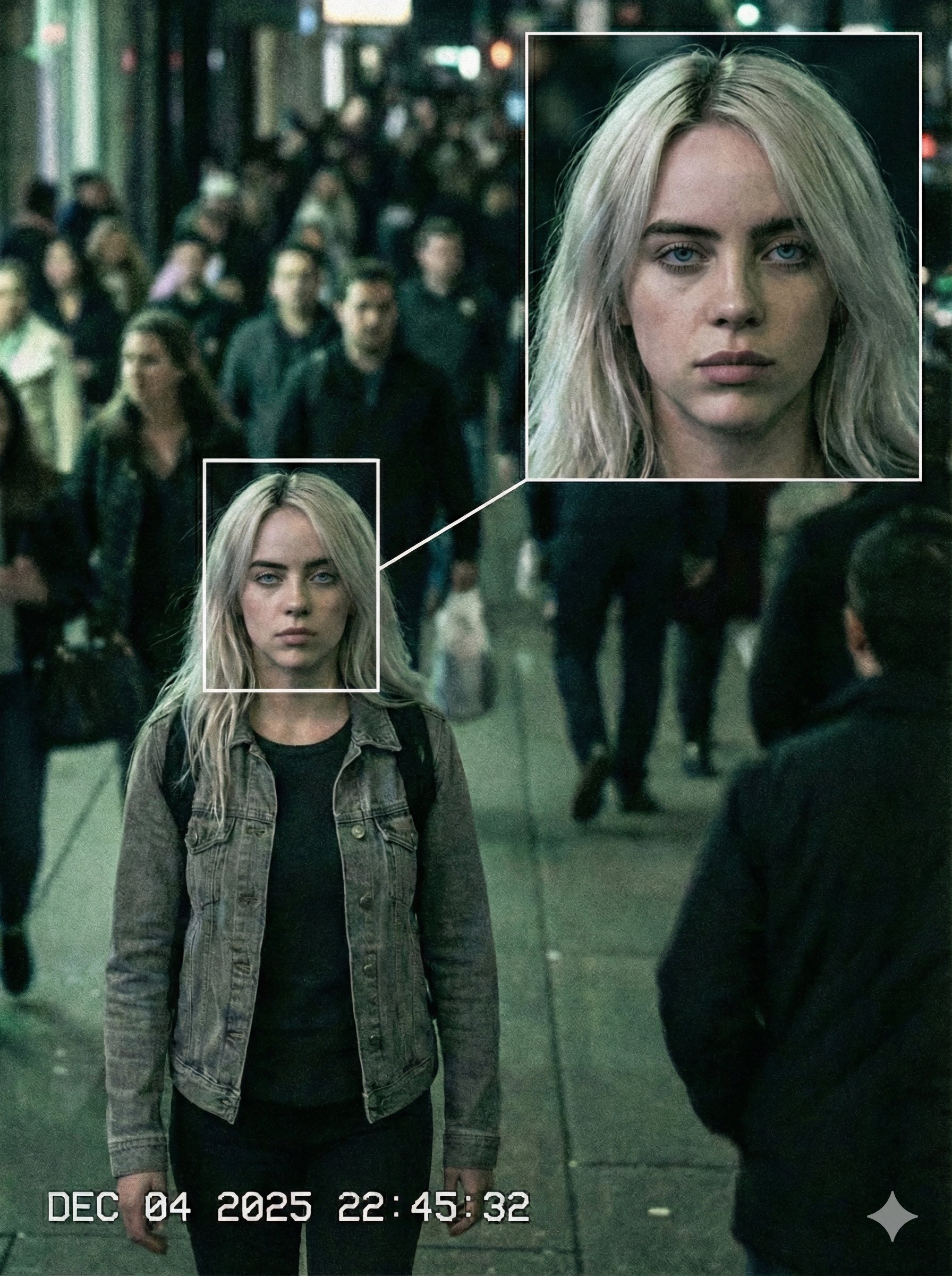 Celebrity face recognition tagging and zoomed-in focus effects in city surveillance footage. 7