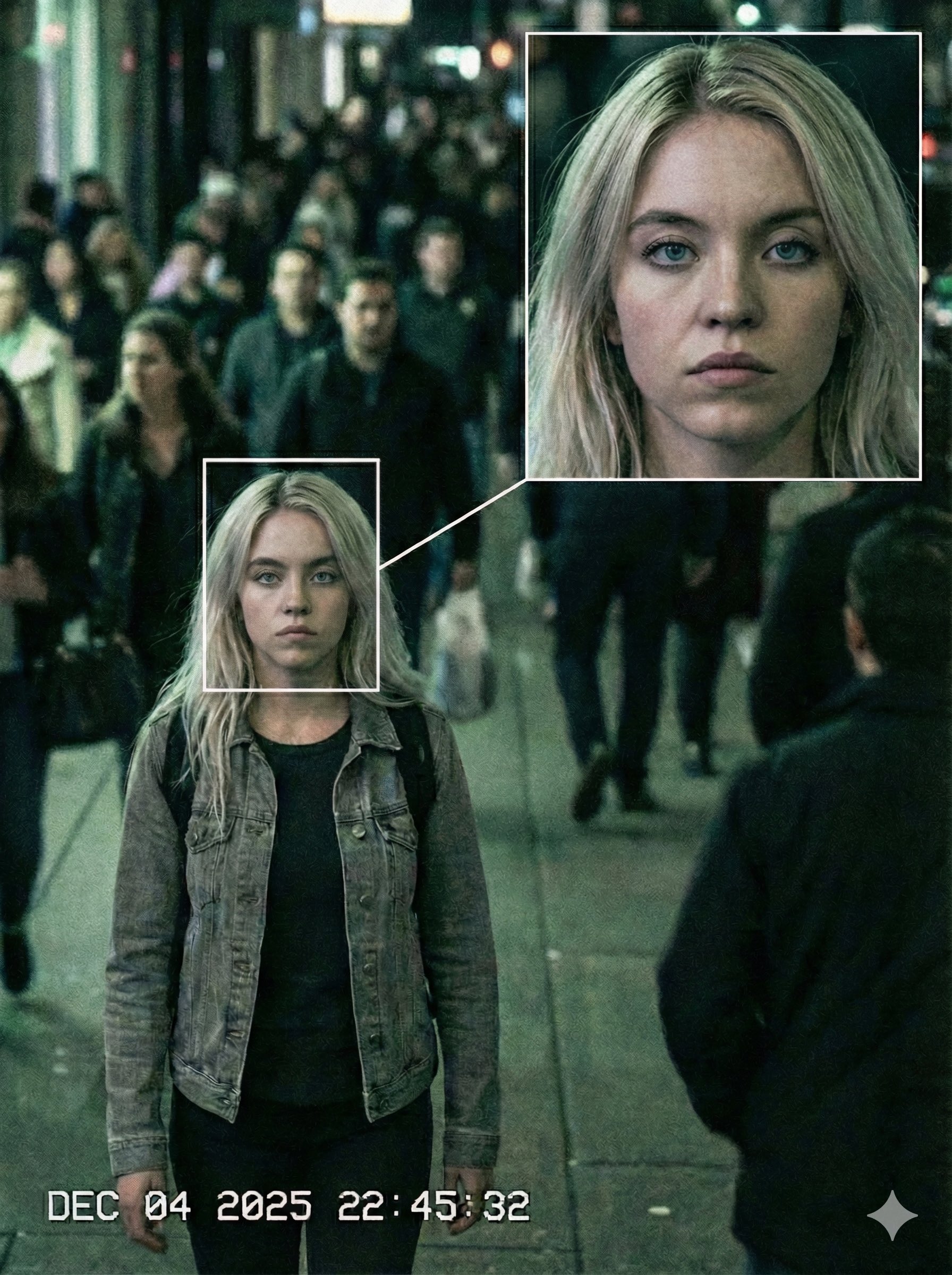 Celebrity face recognition tagging and zoomed-in focus effects in city surveillance footage. 8