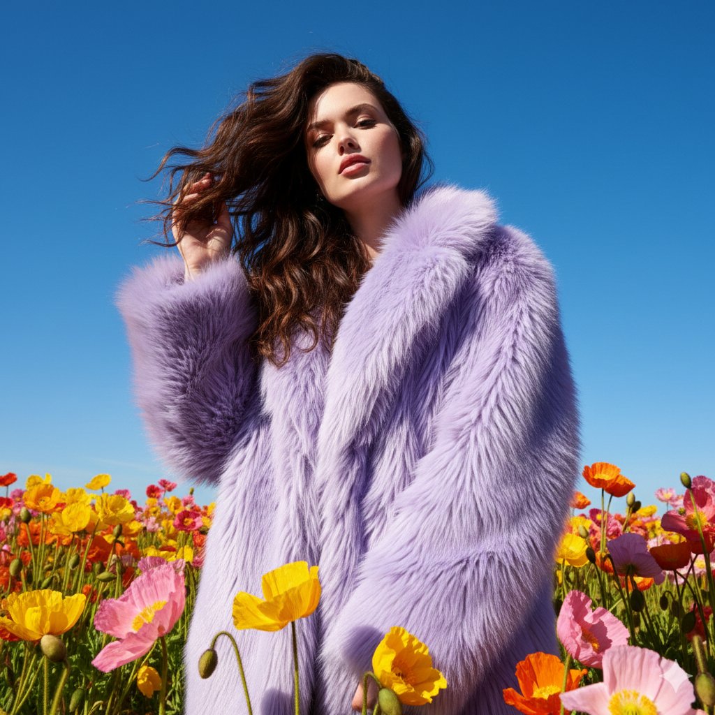 Create an eye-catching outdoor fashion portrait in a lively flower meadow under bright daylight.