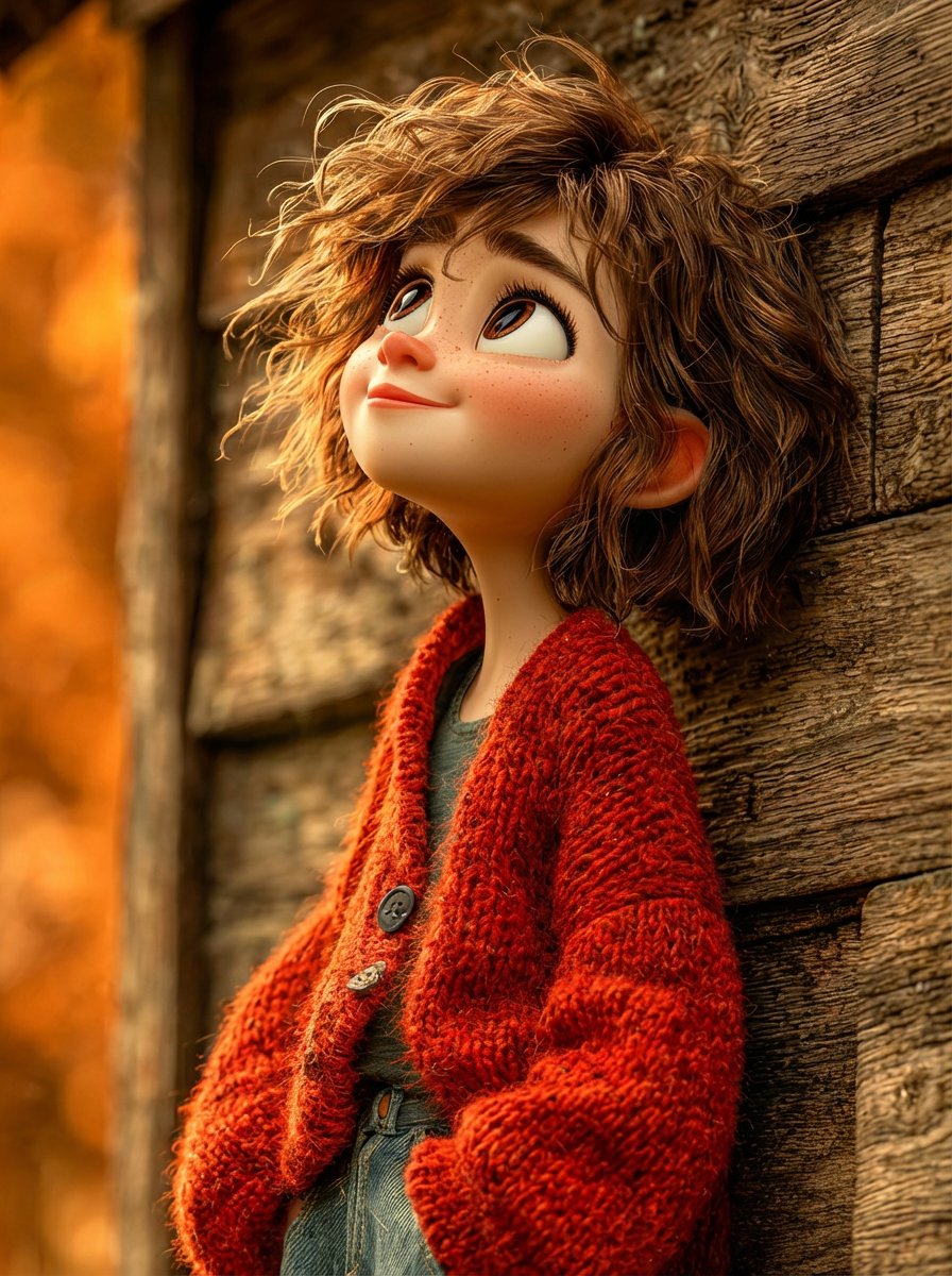 1. A stylized 3D animated girl with short messy curly ginger... 2