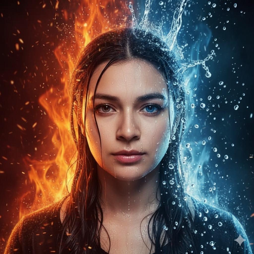 Hyperrealistic fire-and-water element balance: cinematic portrait generation guide and key points.