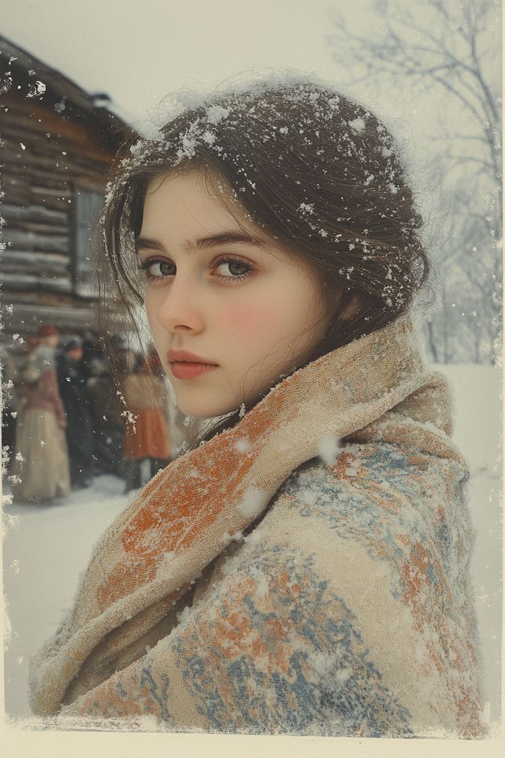 Winter Village Portrait: The Gaze of the Shawl-Wrapped Snowflake Girl and the Tender, Silent Light and Shadow