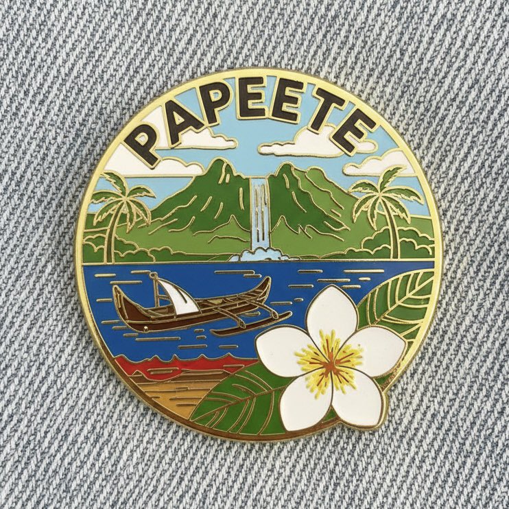 Close-up photo of a collectible enamel pin of [CITY], gold-plated metal edges, polished finish.