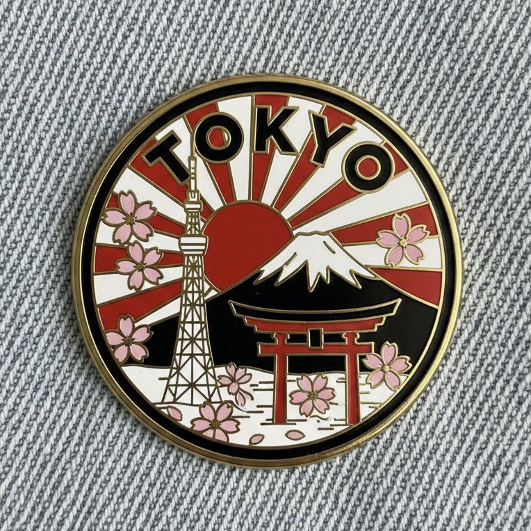 Close up photo of a collectible enamel pin of [CITY], gold pl... 2