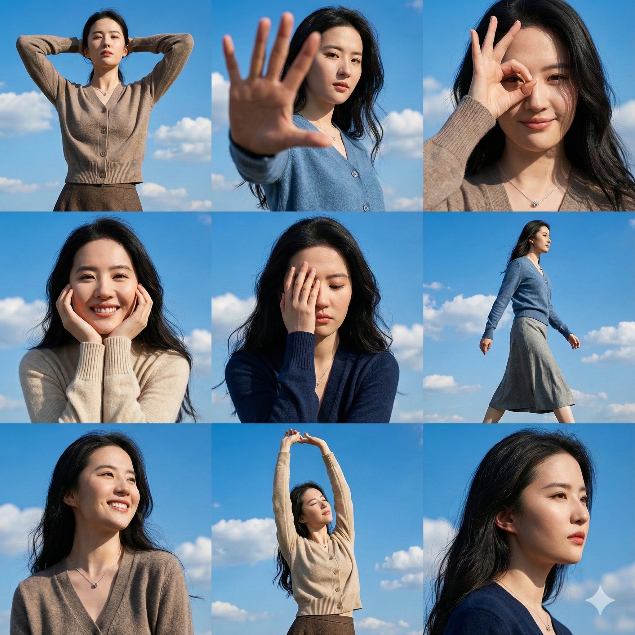 A high-resolution 3x3 grid photo collage featuring nine different dynamic poses, using the uploaded female face photo as reference, with a vibrant blue sky background dotted with clouds.