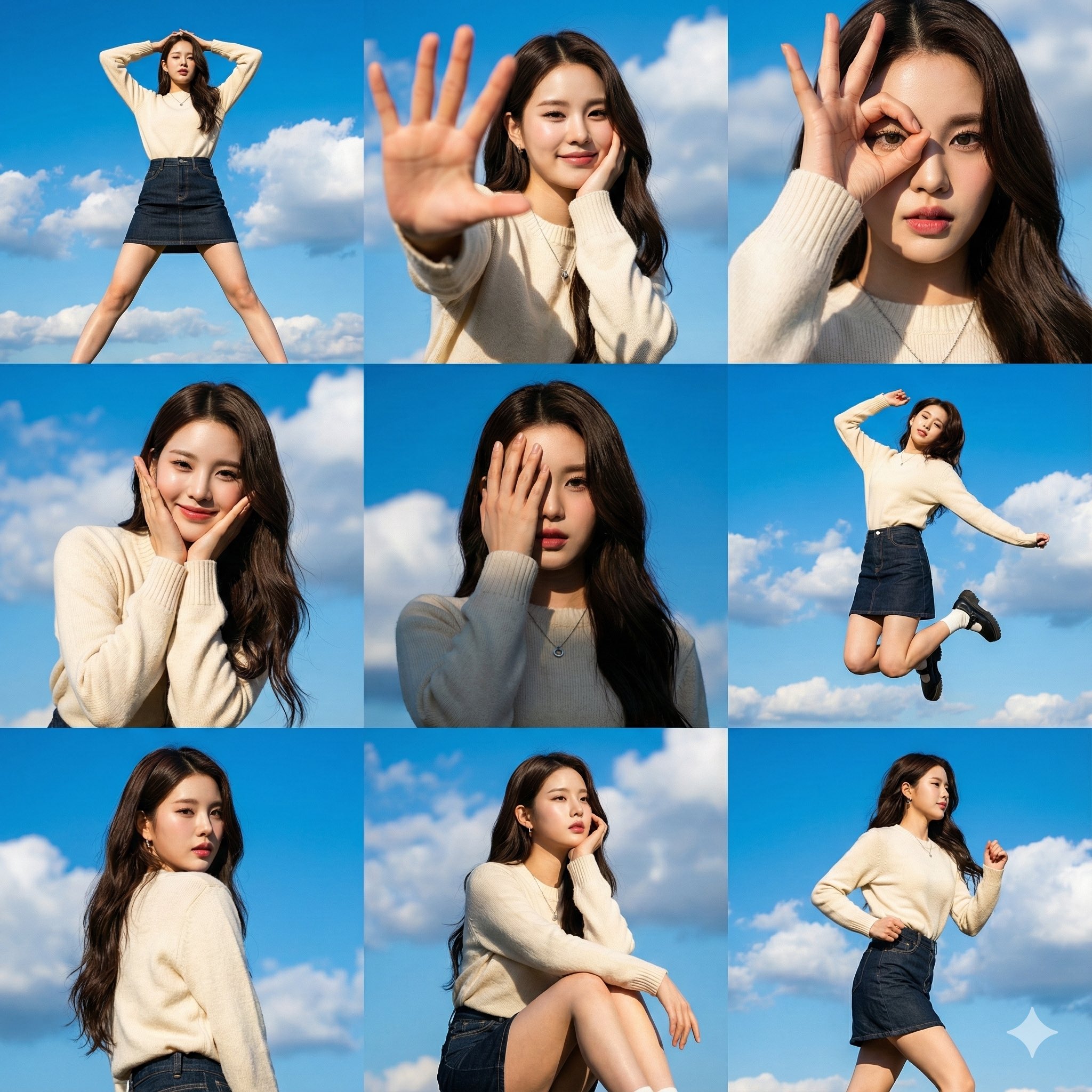 A high-resolution 3x3 grid photo collage featuring nine different dynamic poses, using the uploaded female face photo as reference, with a vibrant blue sky background dotted with clouds. 2