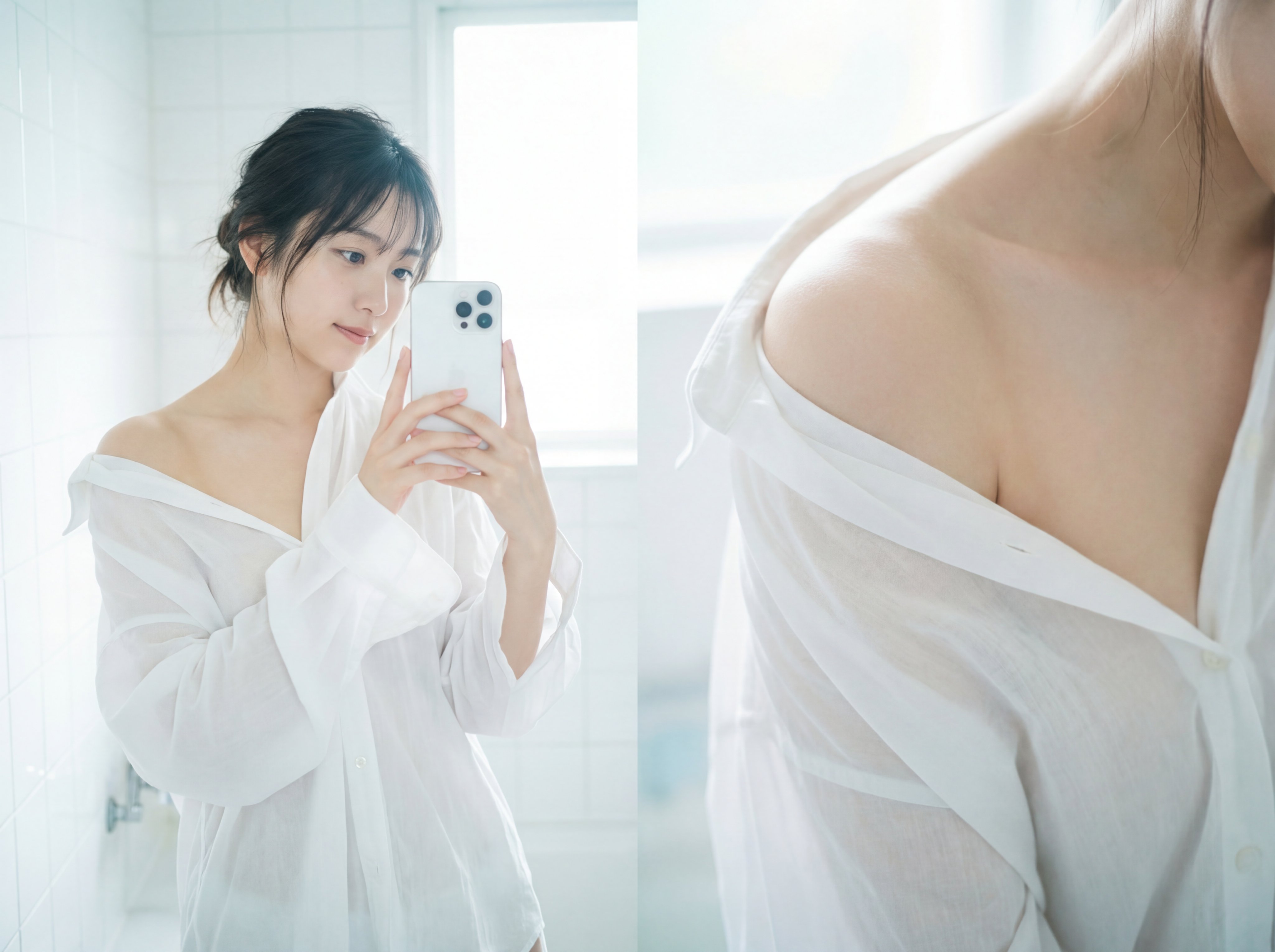 Today's selfie collage: a film-style diptych featuring ethereal morning light — a private shot.