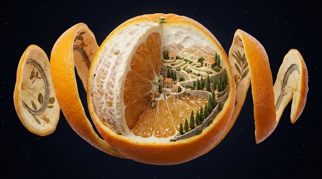A single [OBJECT] suspended in space, frozen mid peel as its...