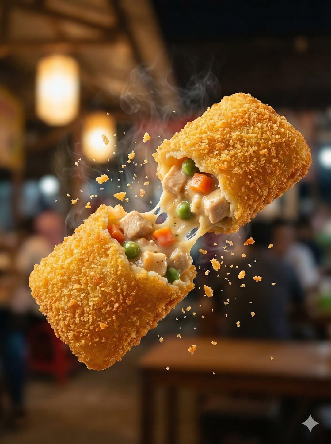 "Macro food photography of a crispy martabak telur tearing op... 2
