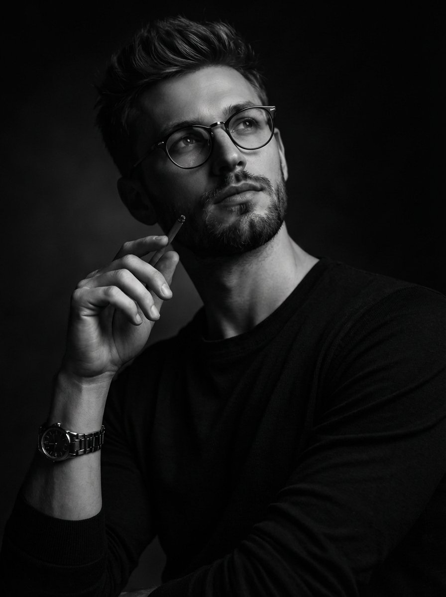 A dramatic black and white studio portrait of a thoughtful ma...