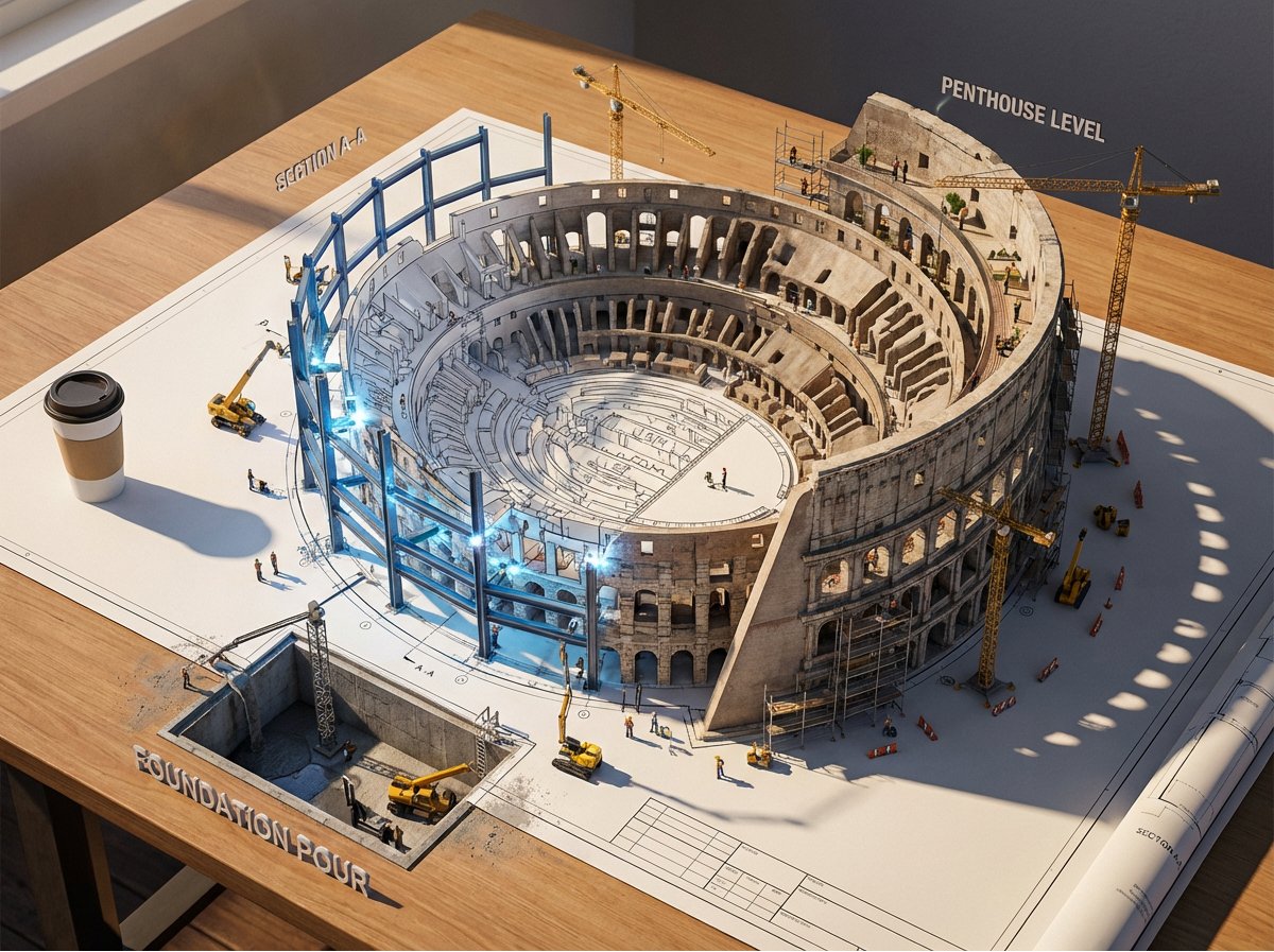 Epic 3D scene: a massive architectural blueprint of [BUILDING... 3