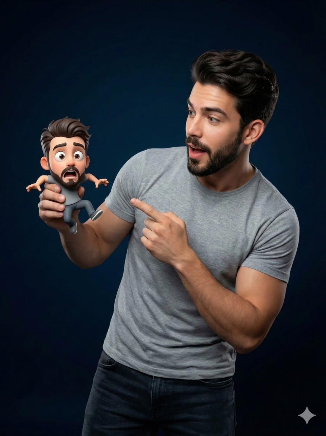 "Objective": "Create a studio portrait blending a real human...