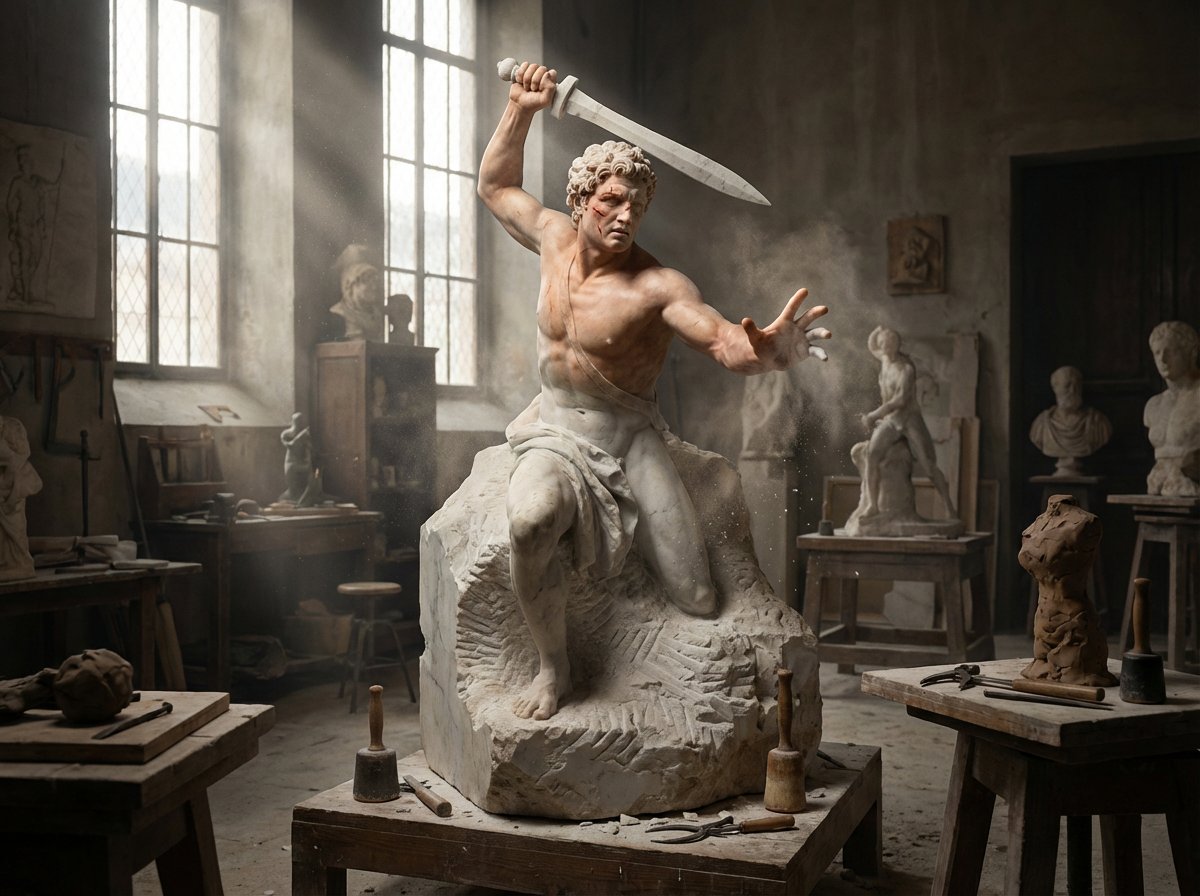 A half finished marble sculpture in a dusty Renaissance works... 2