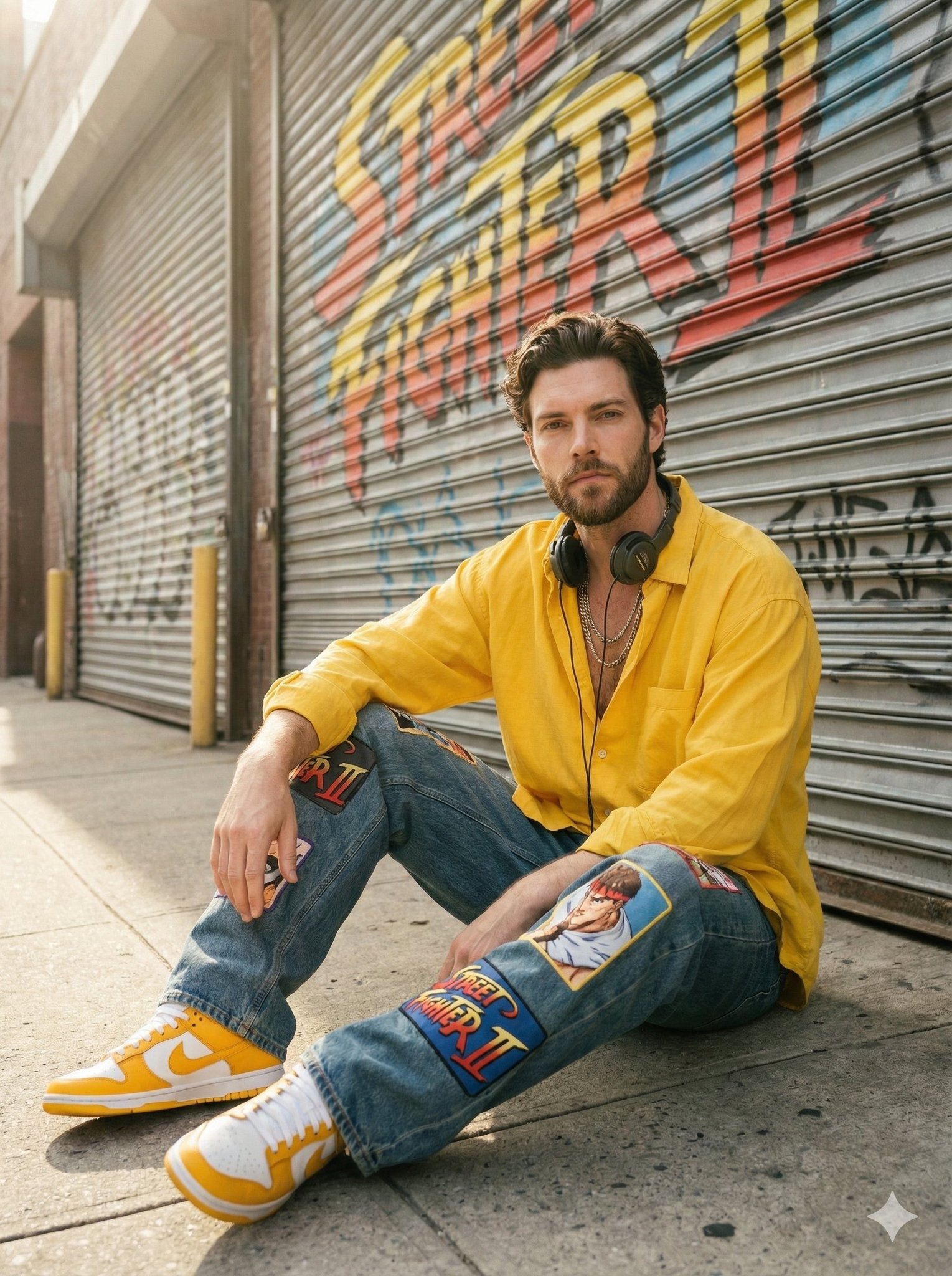 Sunlit urban streetwear portrait of a stylish young man sitting casually on a concrete sidewalk...