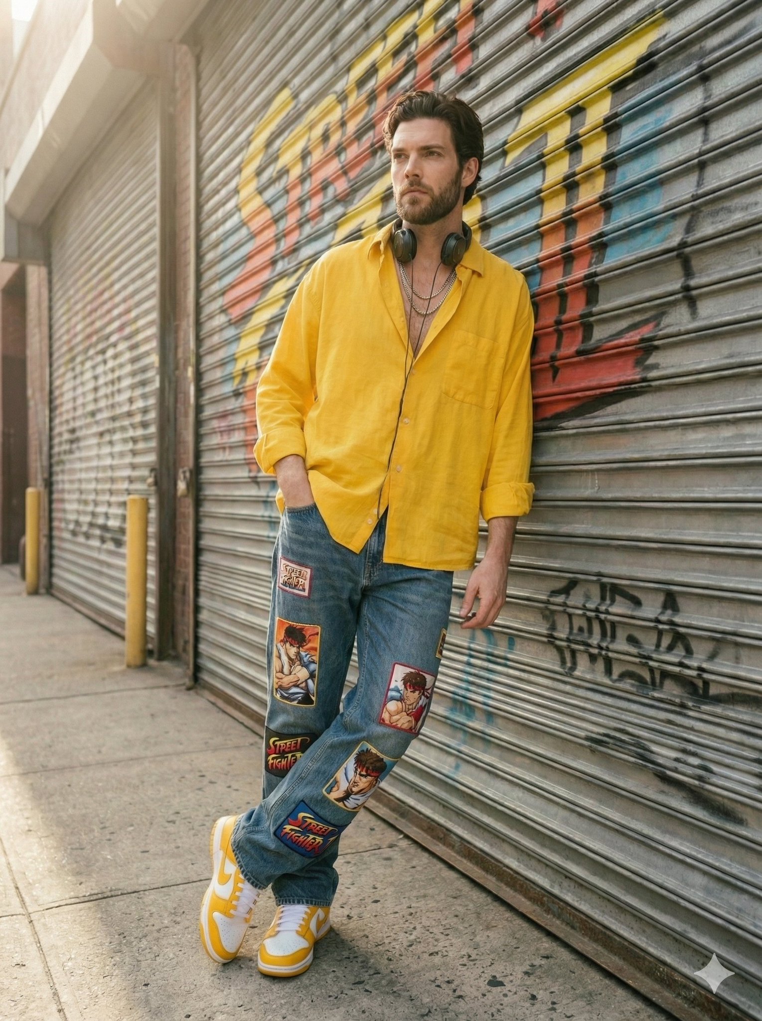 Sunlit urban streetwear portrait of a stylish young man sitting casually on a concrete sidewalk... 2