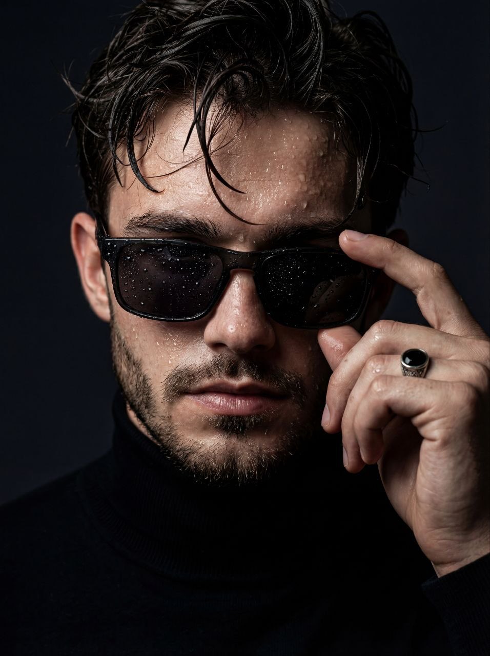 Ultra-realistic cinematic close-up portrait of a young man with wet skin and damp, messy hair.