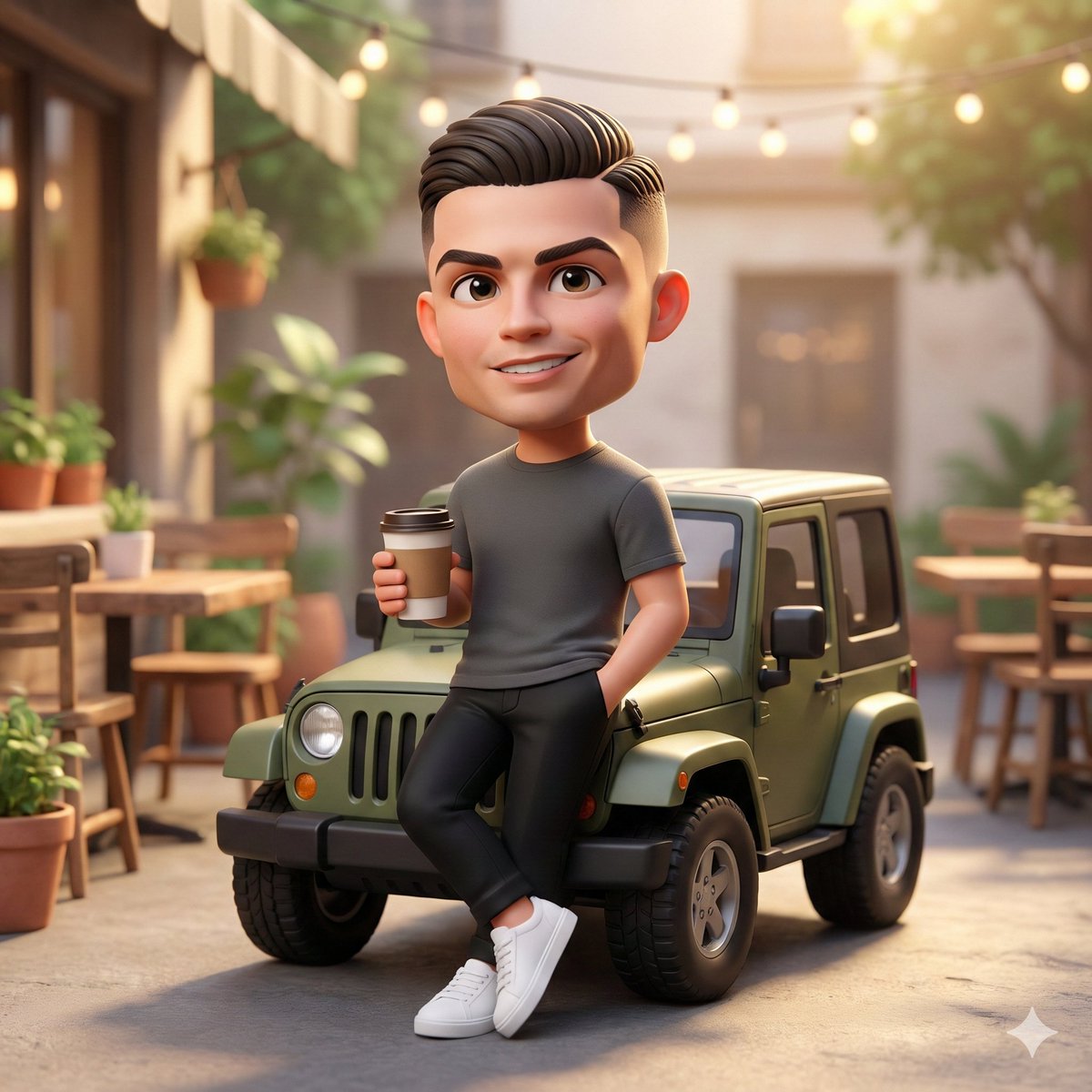A cute 3D chibi style character leaning against a parked mini...