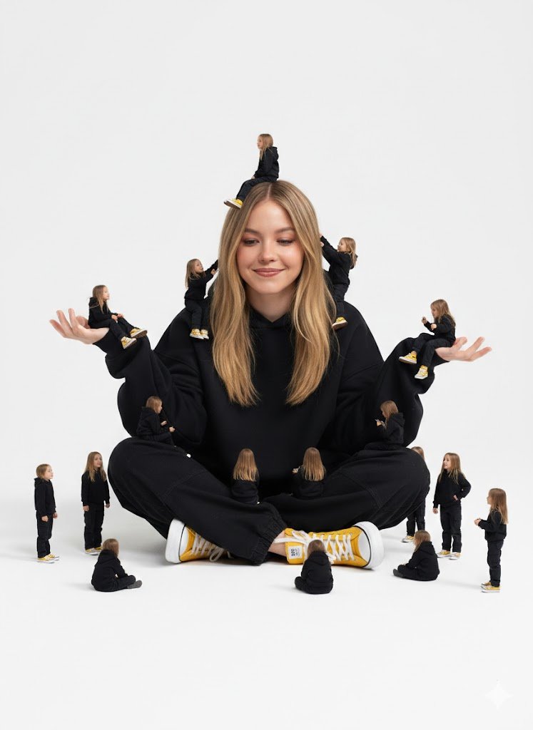 A creative surreal image of a woman sitting on the ground, we... 2