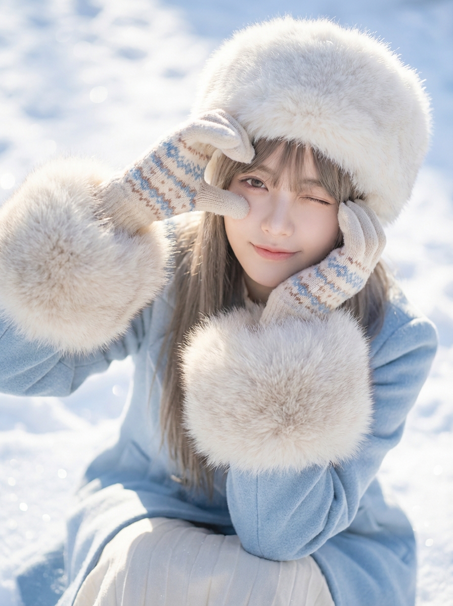 A sweet moment of blinking in the snow, accidentally captured while adjusting prompts in the snowy landscape.
