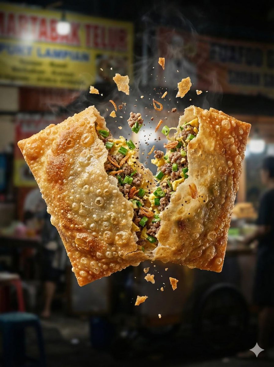 Macro food photography of a crispy martabak telur tearing ope... 4