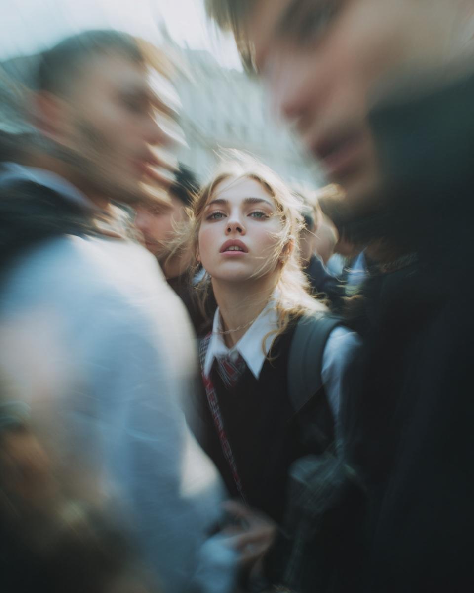Candid street-photography-style portraits in school uniforms at Paris Fashion Week.