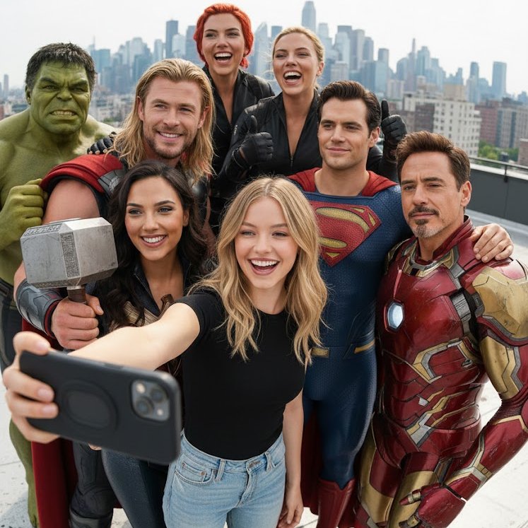A ultra realistic group selfie, center is the person from the...