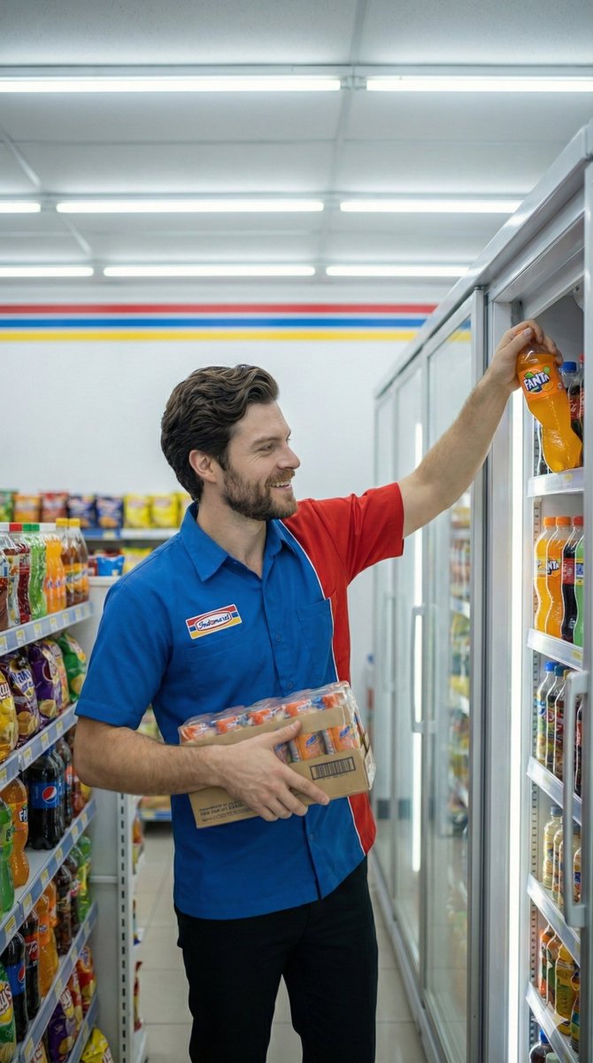 Create A high-resolution, photorealistic eye-level shot of a friendly male convenience store cle... 2