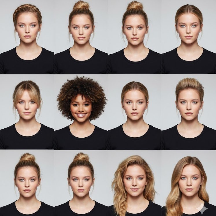 A 3×3 grid collage featuring the same female model, each square showing a different hairstyle.