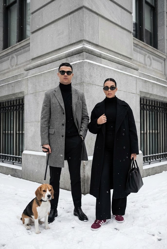 "prompt title": "Sophisticated Urban Winter Couple Portrait", 2