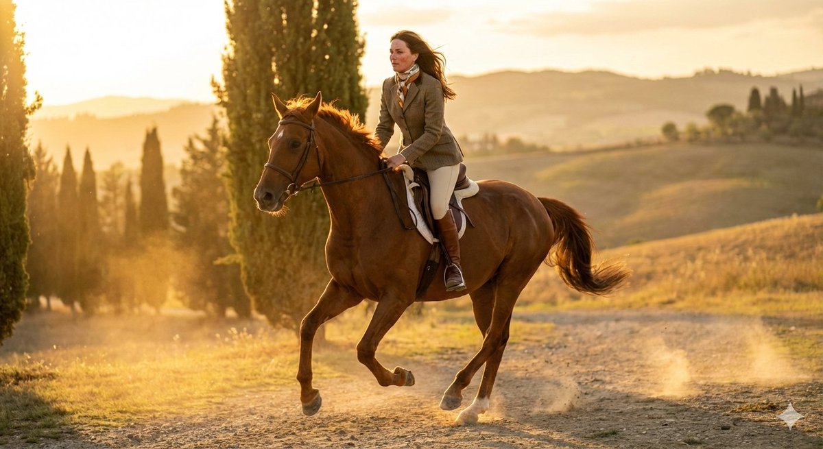24-year-old female equestrian model riding a galloping chestnut horse, Hermès-inspired preppy fa...