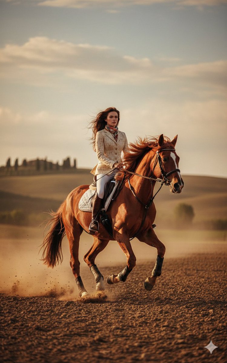 24-year-old female equestrian model riding a galloping chestnut horse, Hermès-inspired preppy fa... 2