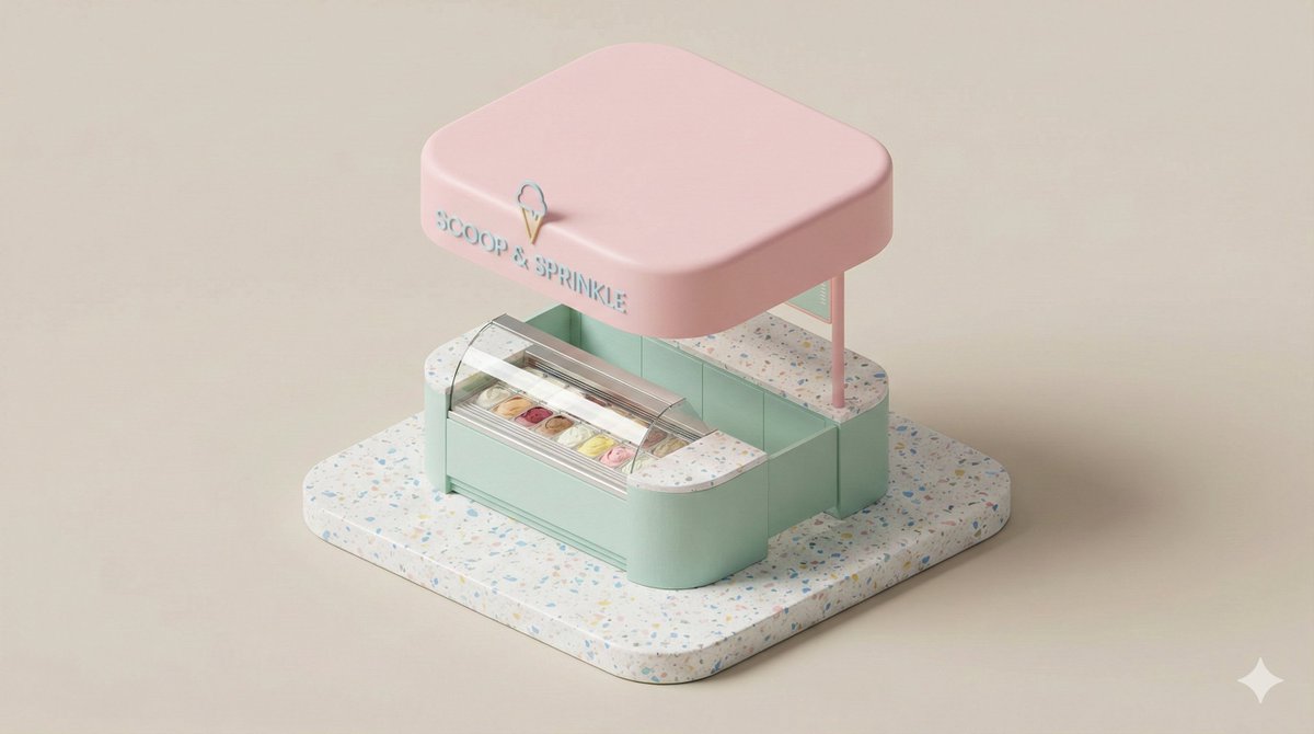 A clean, minimal 3D isometric diorama of a [URBAN RETAIL TYPE... 3