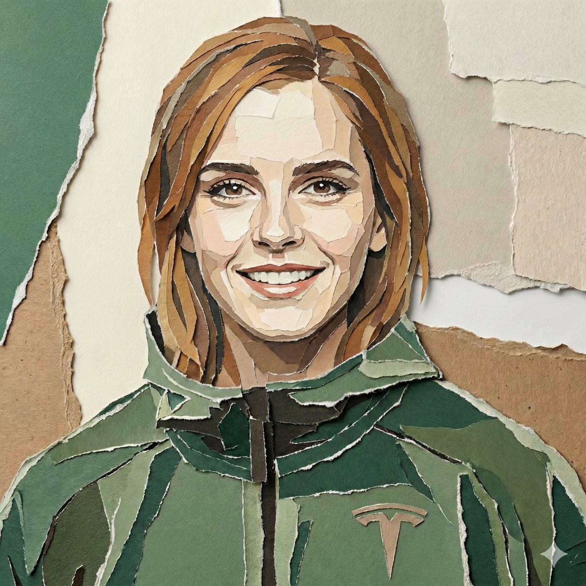 Create a realistic torn paper collage portrait of the subject, constructed entirely from layered... 2
