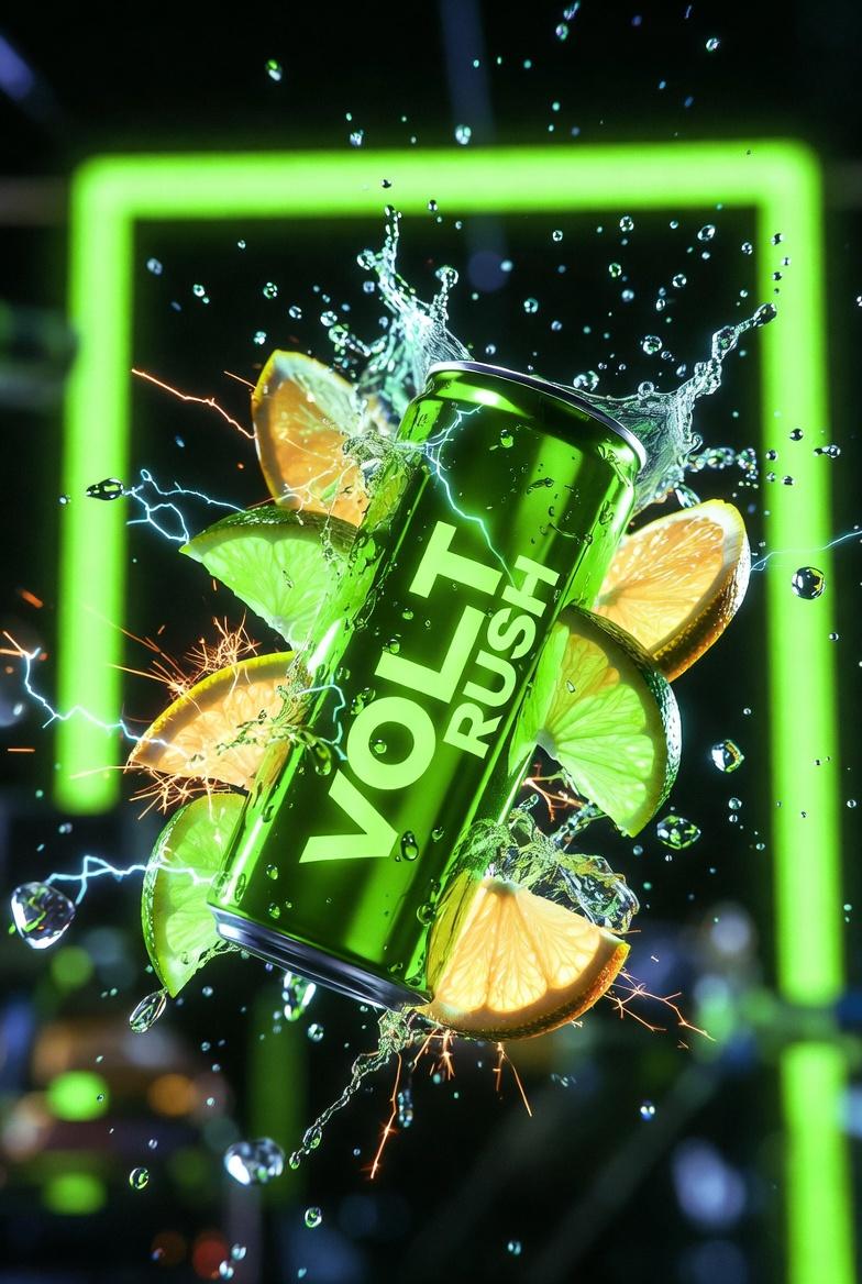 Ultra cinematic product photography of a neon green energy dr...