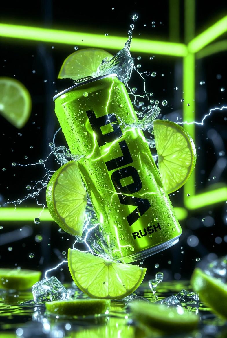 Ultra cinematic product photography of a neon green energy dr... 2