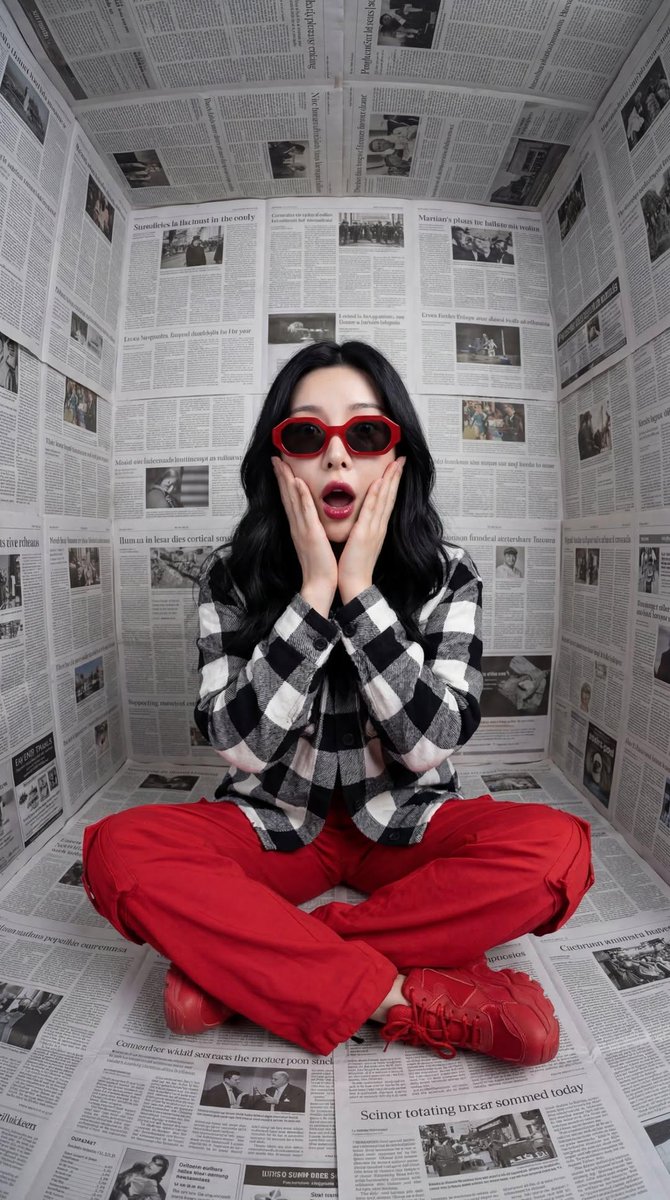 "Objective": "Create a stylized fashion portrait with bold co...