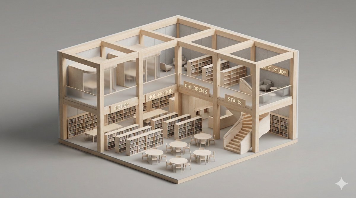 A clean, minimal 3D isometric diorama of a [BUILDING TYPE] se... 2