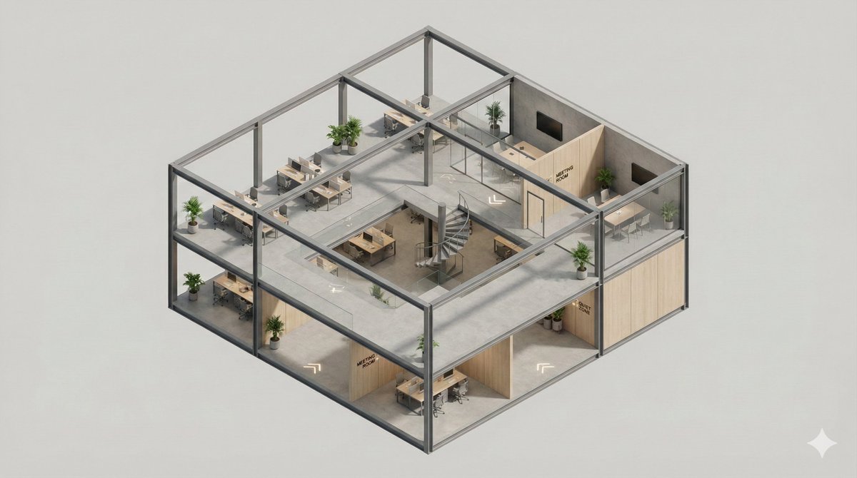 A clean, minimal 3D isometric diorama of a [BUILDING TYPE] se... 3