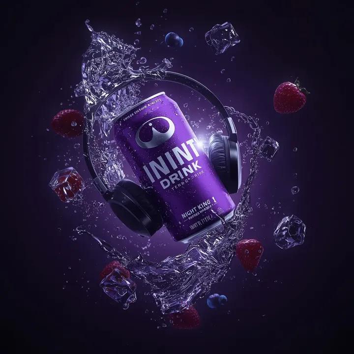 Ultra cinematic product photography of a purple energy drink... 2