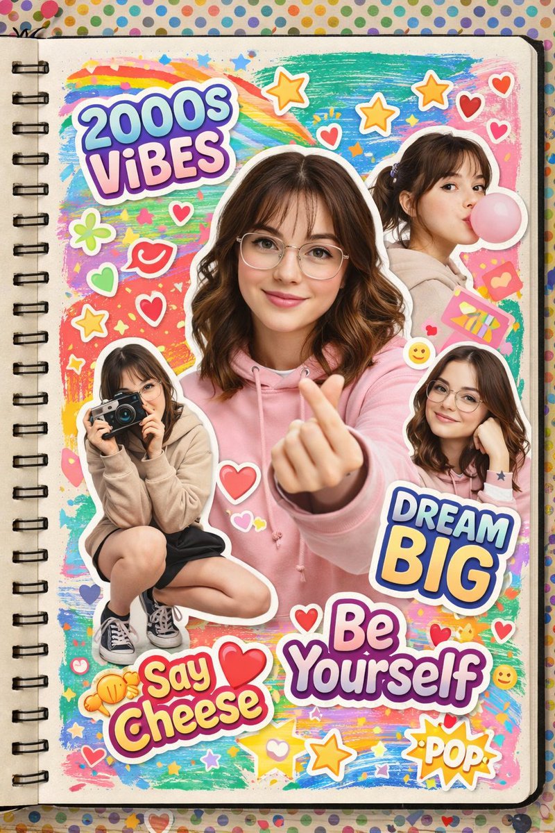 A vibrant 2000s scrapbook style collage featuring the same yo...