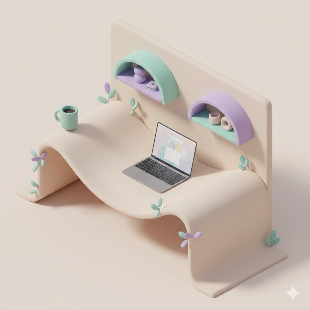 Pastel-style 3D isometric office scene: floating element design and lighting/shadow