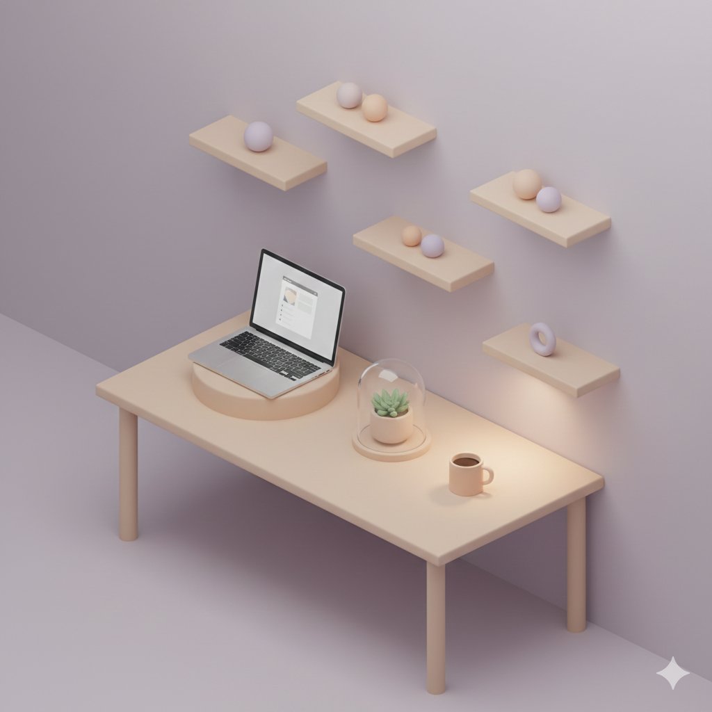 Pastel-style 3D isometric office scene: floating element design and lighting/shadow 2