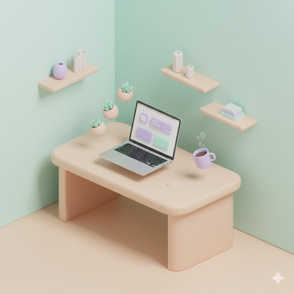 Pastel-style 3D isometric office scene: floating element design and lighting/shadow 3