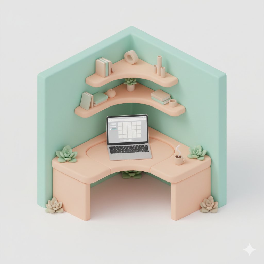 Pastel-style 3D isometric office scene: floating element design and lighting/shadow 4