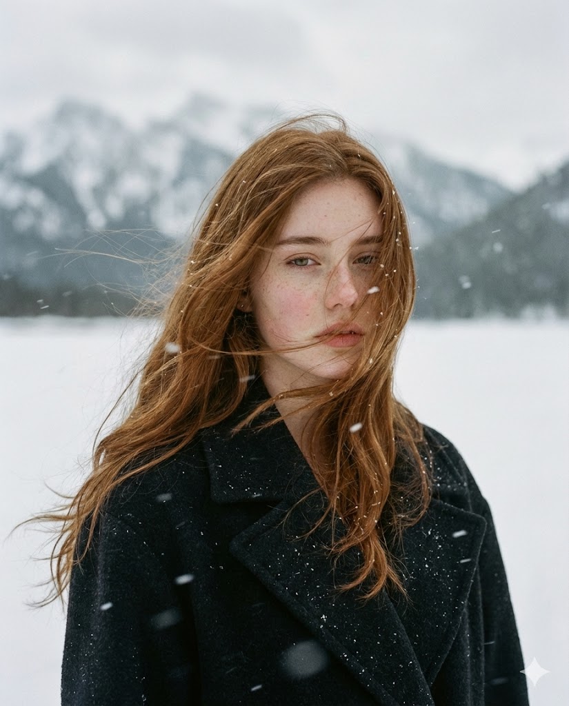 A poetic cinematic portrait of a young woman standing alone i...