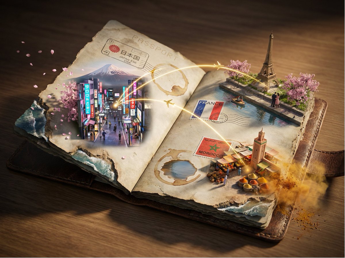 Epic 3D scene: a weathered passport lies open, its visa stamp...