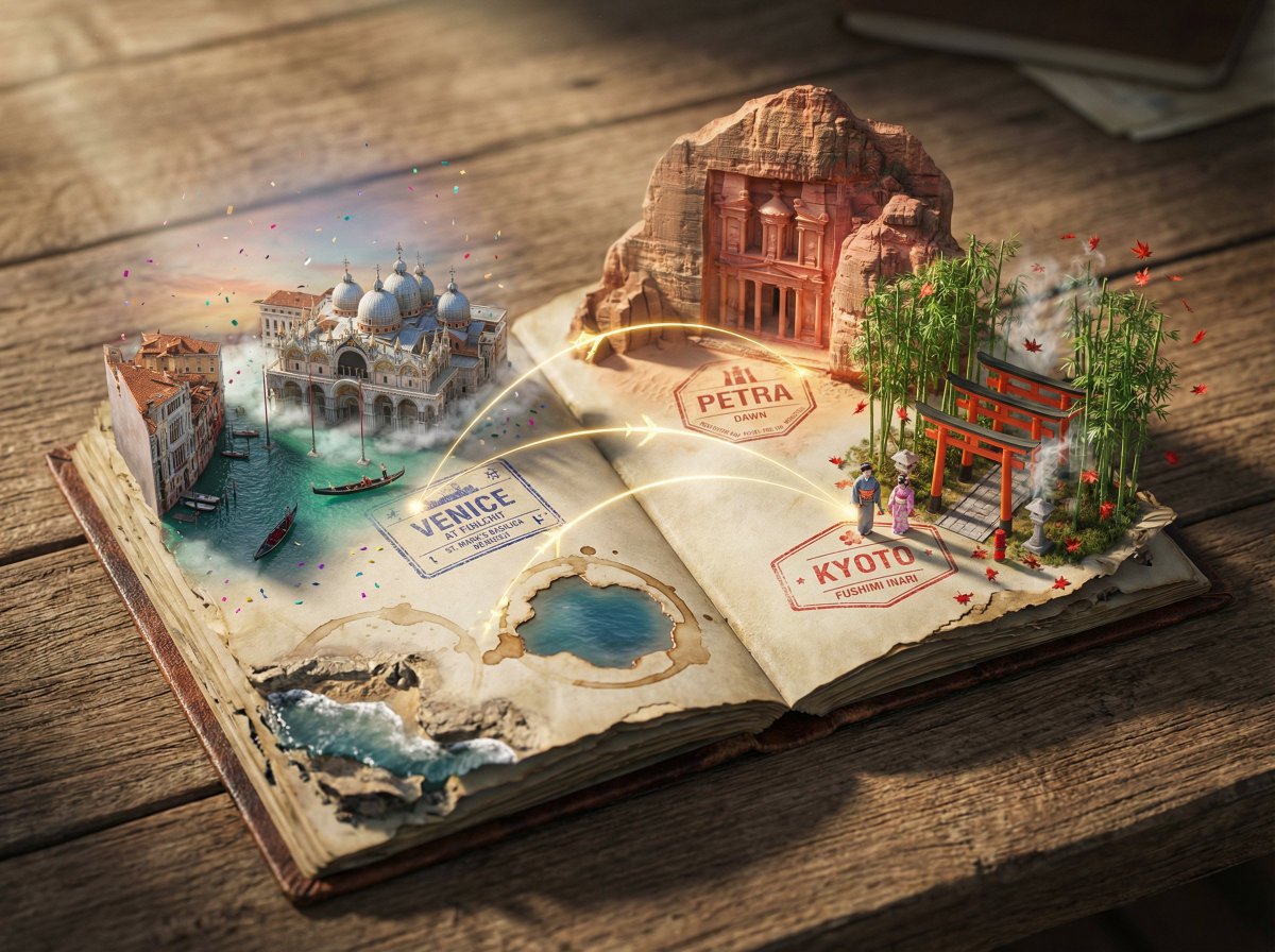 Epic 3D scene: a weathered passport lies open, its visa stamp... 2