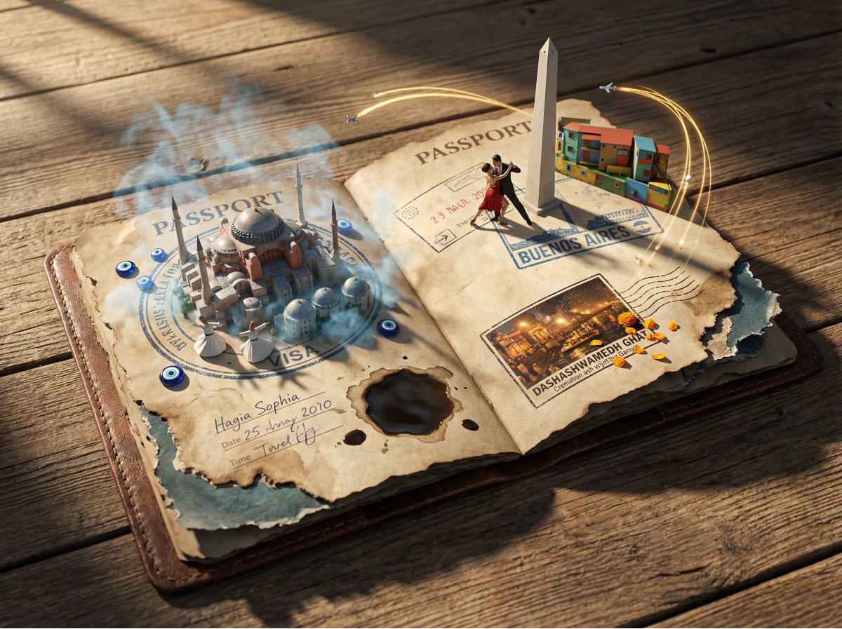 Epic 3D scene: a weathered passport lies open, its visa stamp... 3